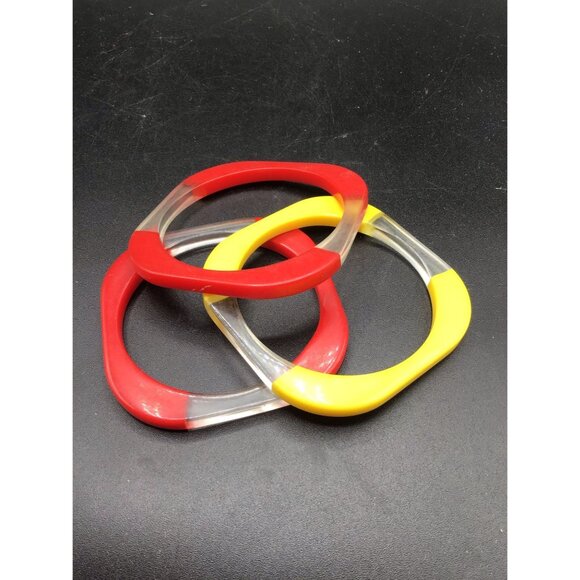 Lucite Plastic Bangles Set of 3 Red and Yellow Retro Funky Square Bracelets - Picture 2 of 5